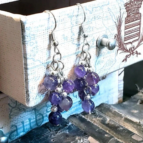 Amethyst Purple Gemstone Bead Dangle Silver Platinum Plated Earrings - Picture 1 of 10